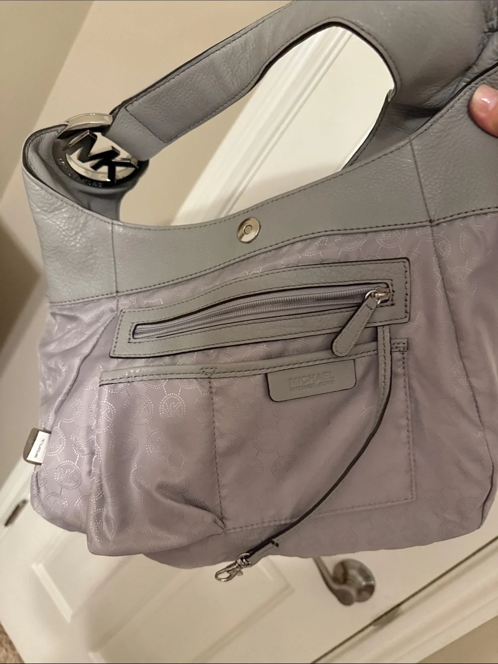 Michael Kors Light Gray Leather Hobo Bag with MK Emblem